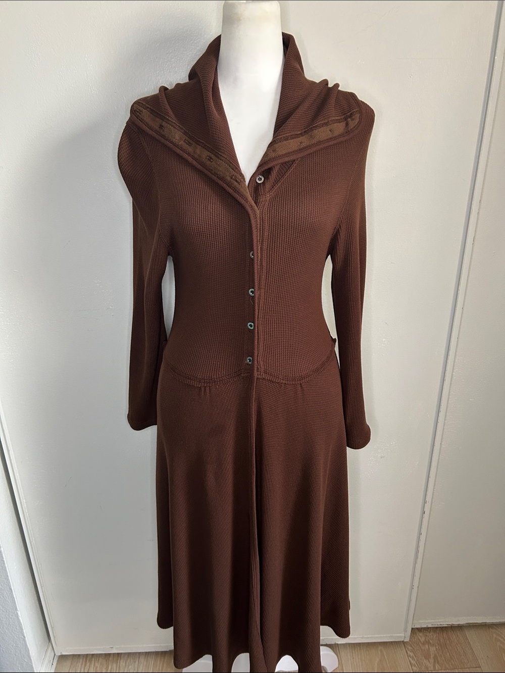 Hard Tail Forever Long Brown Waffle Thermal Knit Top Half Button Duster Cardigan